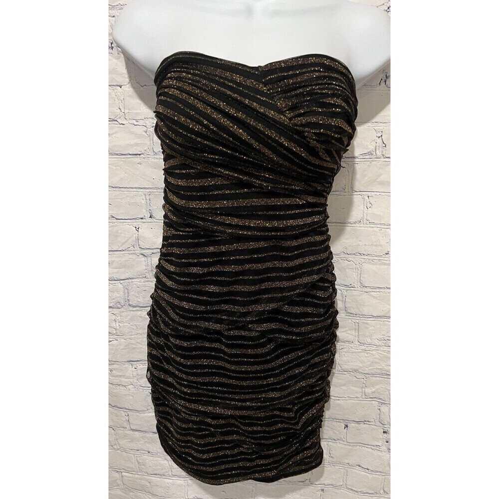 NWT Strapless City Studio Black Gold Rouched Bodycon Mini Dress Size Small